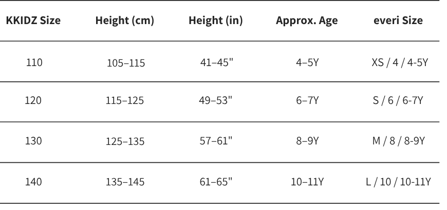 everi Size Chart