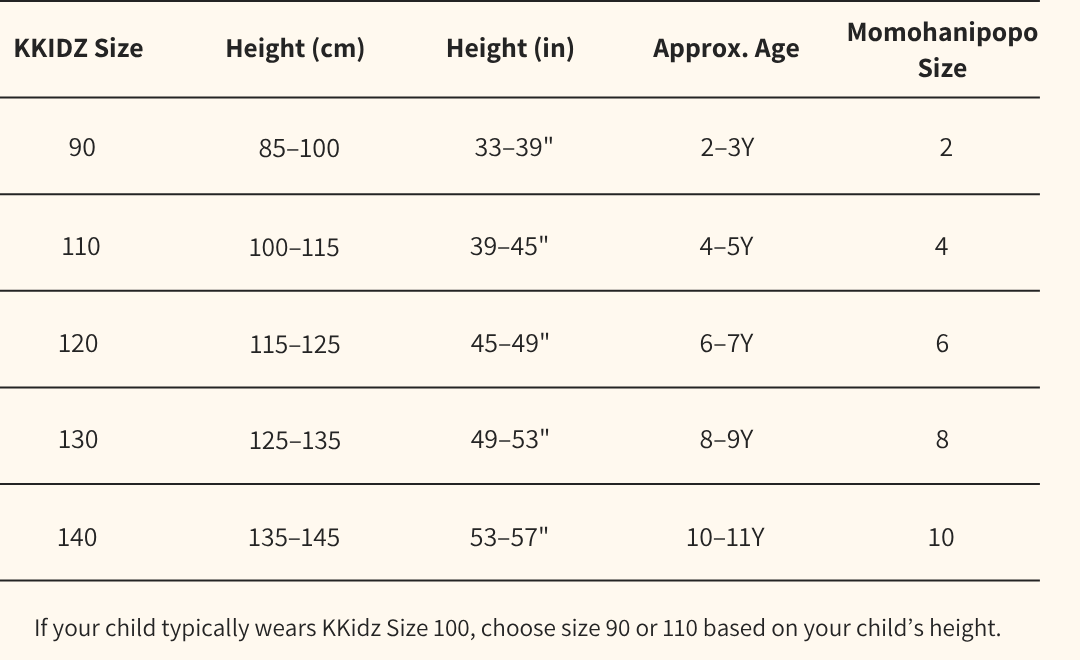 Momohanipopo Size Chart